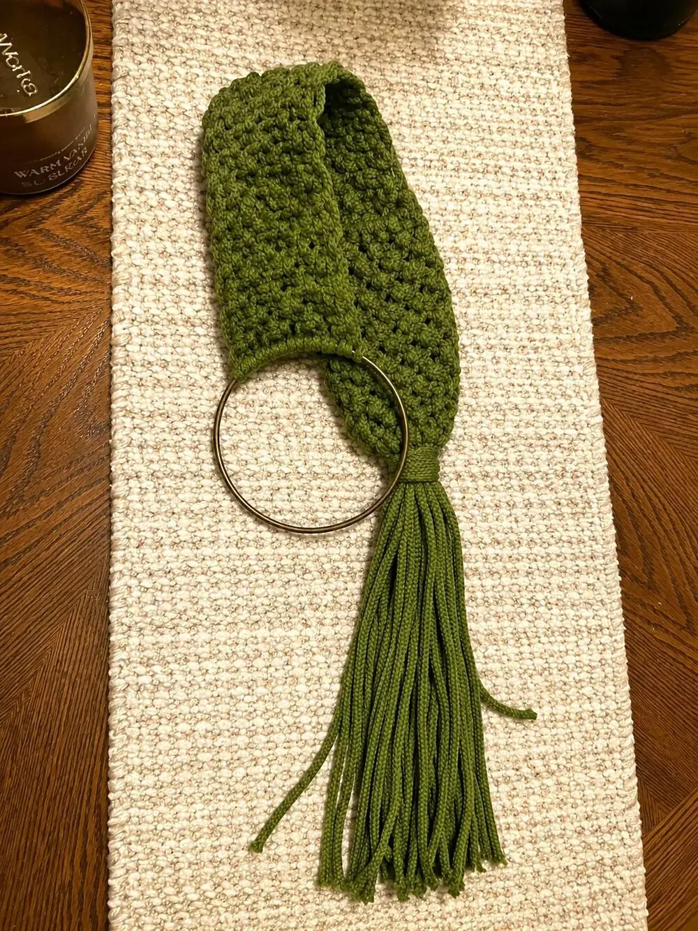Long Macrame Hanger with Metal/Possibly Brass Ring and pocket.
